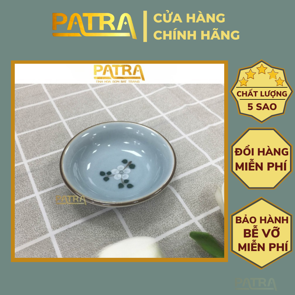 Đĩa đựng gia vị, bát mắm sứ Bát Tràng cao cấp men lam ngọc vẽ đào trắng