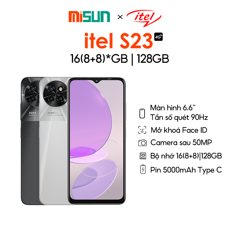 Điện Thoại Itel S23 128GB/16GB | Pin 5000mAh | 6.6 Inch | Camera 50MP | 90Hz | Face ID - Hàng chính Hãng
