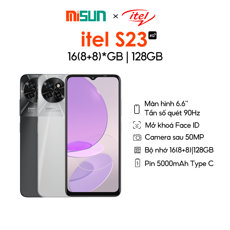 Điện Thoại Itel S23 128GB/16GB (8GB+8GB) | Pin 5000mAh | 6.6 Inch | Camera 50MP | 90Hz | Face ID - Hàng chính Hãng