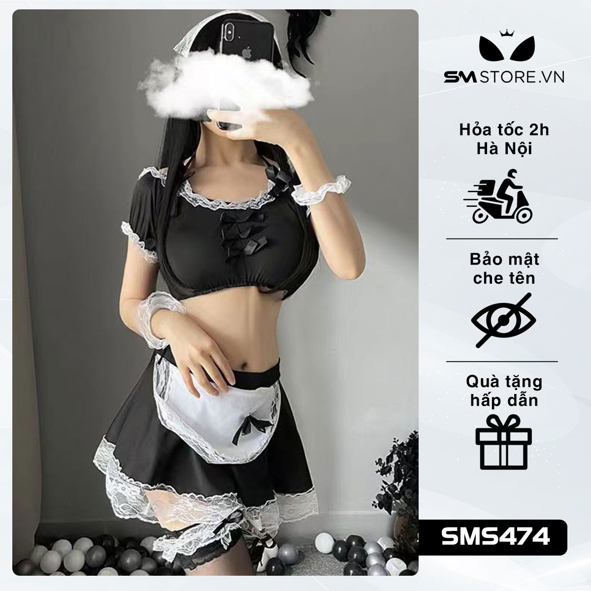 Cosplay hầu gái gồm áo croptop đính nơ và chân váy ngắn - SMS474