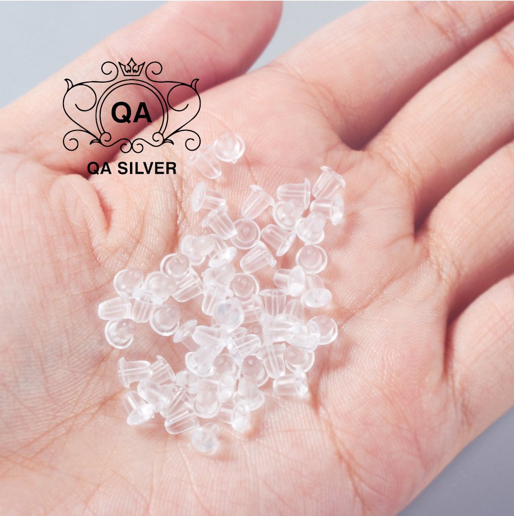 Chốt khuyên tai nhựa tròn trong suốt đế bông silicon cao su Bullet Earring Backs QA SILVER AC200604