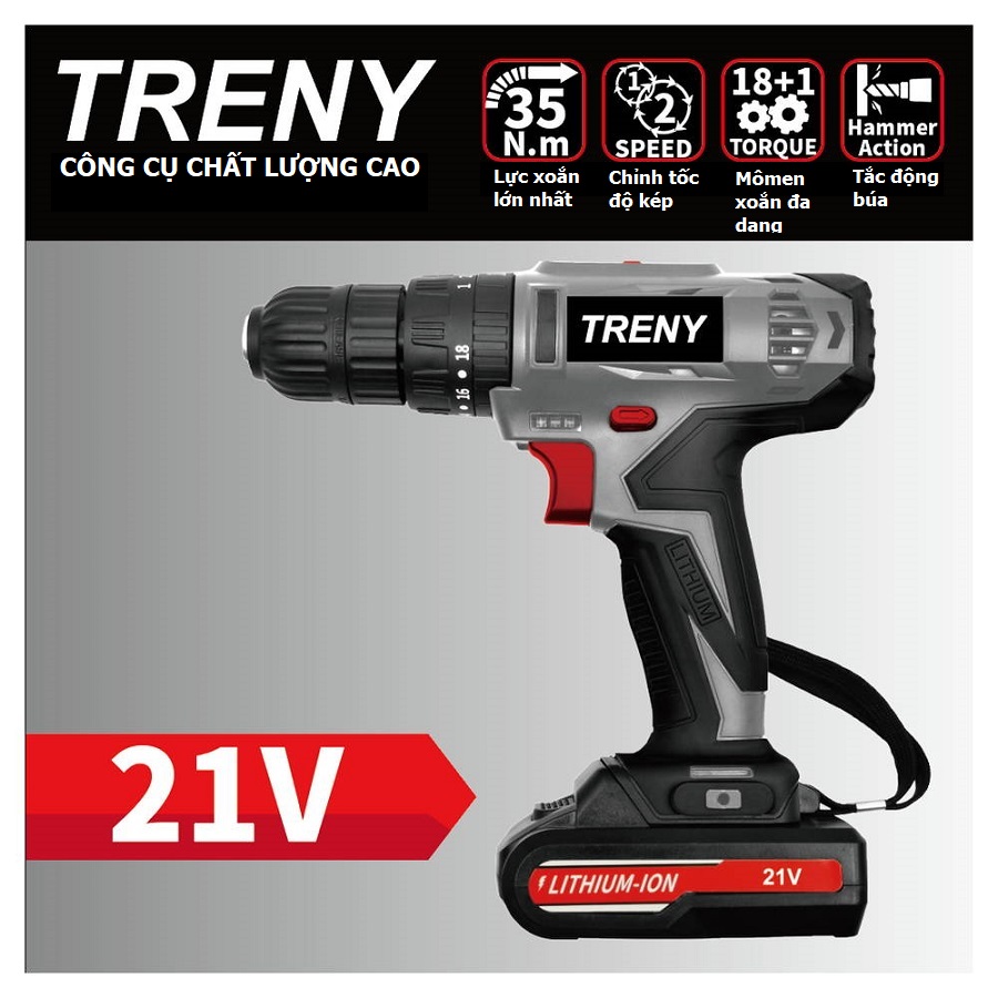 Bộ khoan điện cầm tay chất lượng cao Treny 21V chính hãng – kèm bộ dụng cụ 23 món và bộ sạc - lực xoắn 35N.m - chuyên khoan tường, khoan gỗ, khoan sắt và khoan bê tông.