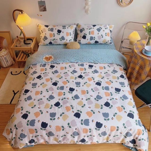 Set Cotton Living Hàng Nhập Khẩu Cao Cấp 4 Món Hoa Xanh