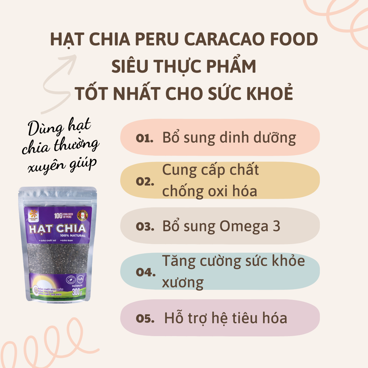 [GIÁ HỦY DIỆT -Date 30.11.2026] Hạt Chia Peru - Túi 300g, GIàu Omega, Giàu Chất Xơ, Giàu Đạm, hỗ trợ giảm cân - Caracao Food
