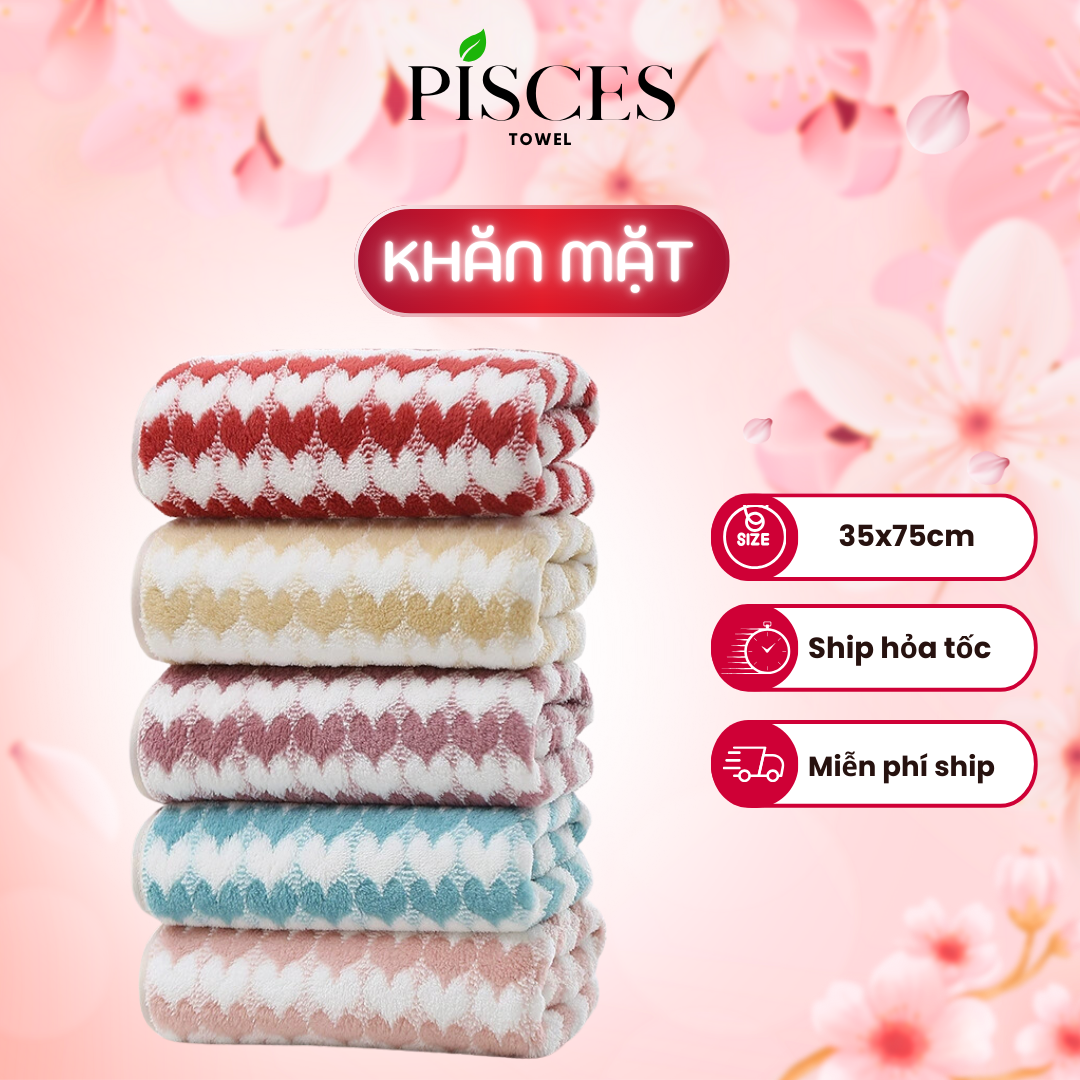 Khăn Mặt PISCES TOWEL 35x75cm Họa Tiết Trái Tim Cotton Mềm Mại, Khăn Spa Yoga Gym Thể Thao Thấm Hút Mồ Hôi - Hồng, Hồng