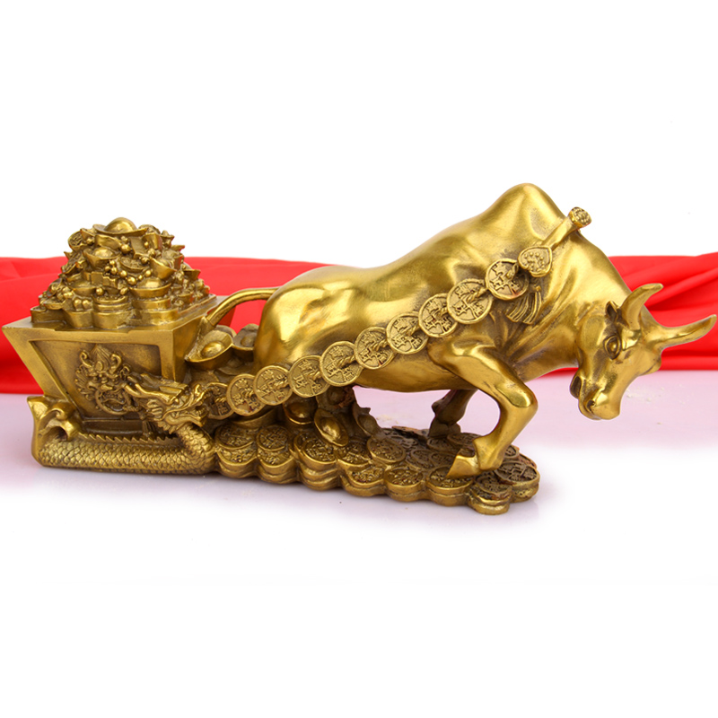 Tượng trâu sửu kéo xe tiền vàng bằng đồng thau phong thủy
