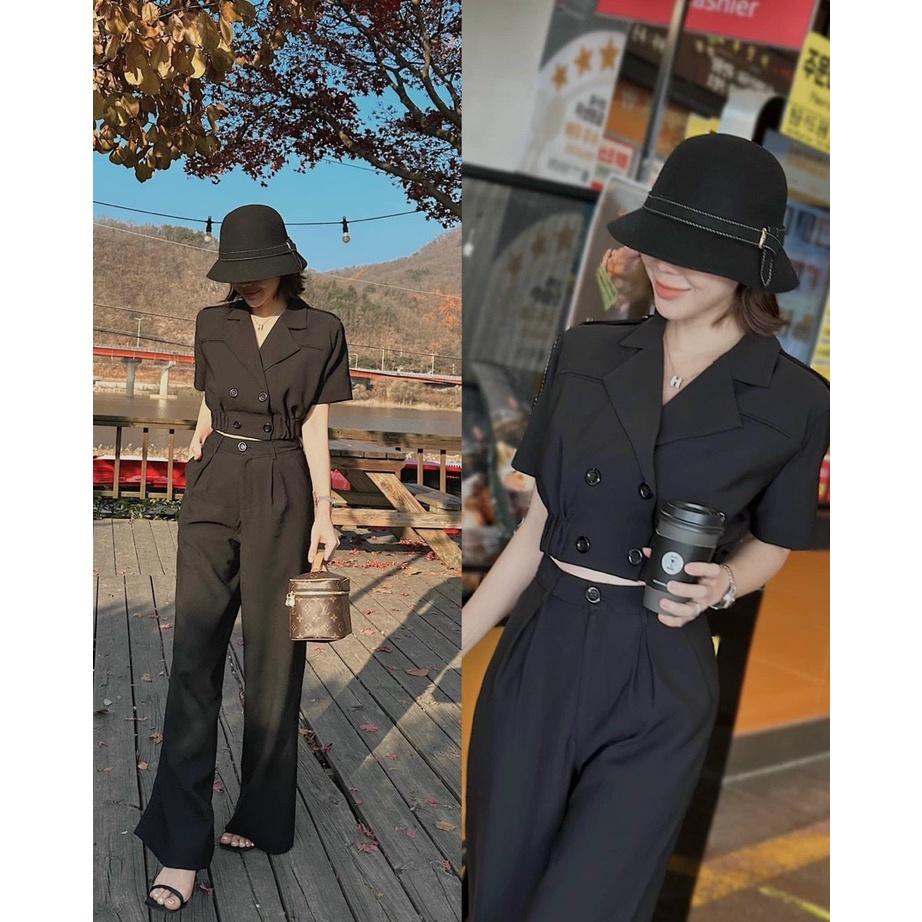 Sét áo vest croptop tay ngắn 4 cúc bo chun eo kèm quần dài thanh lịch GKM