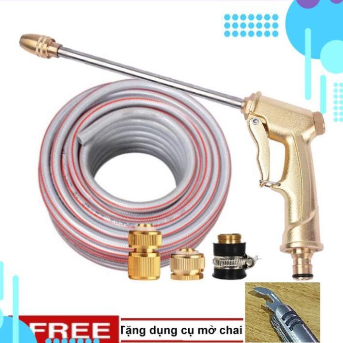 Bộ dây vòi xịt nước rửa xe, tưới cây, tăng áp 3 lần, loại 20m 206701-3 đầu đồng,cút đồng+tặng mở chai