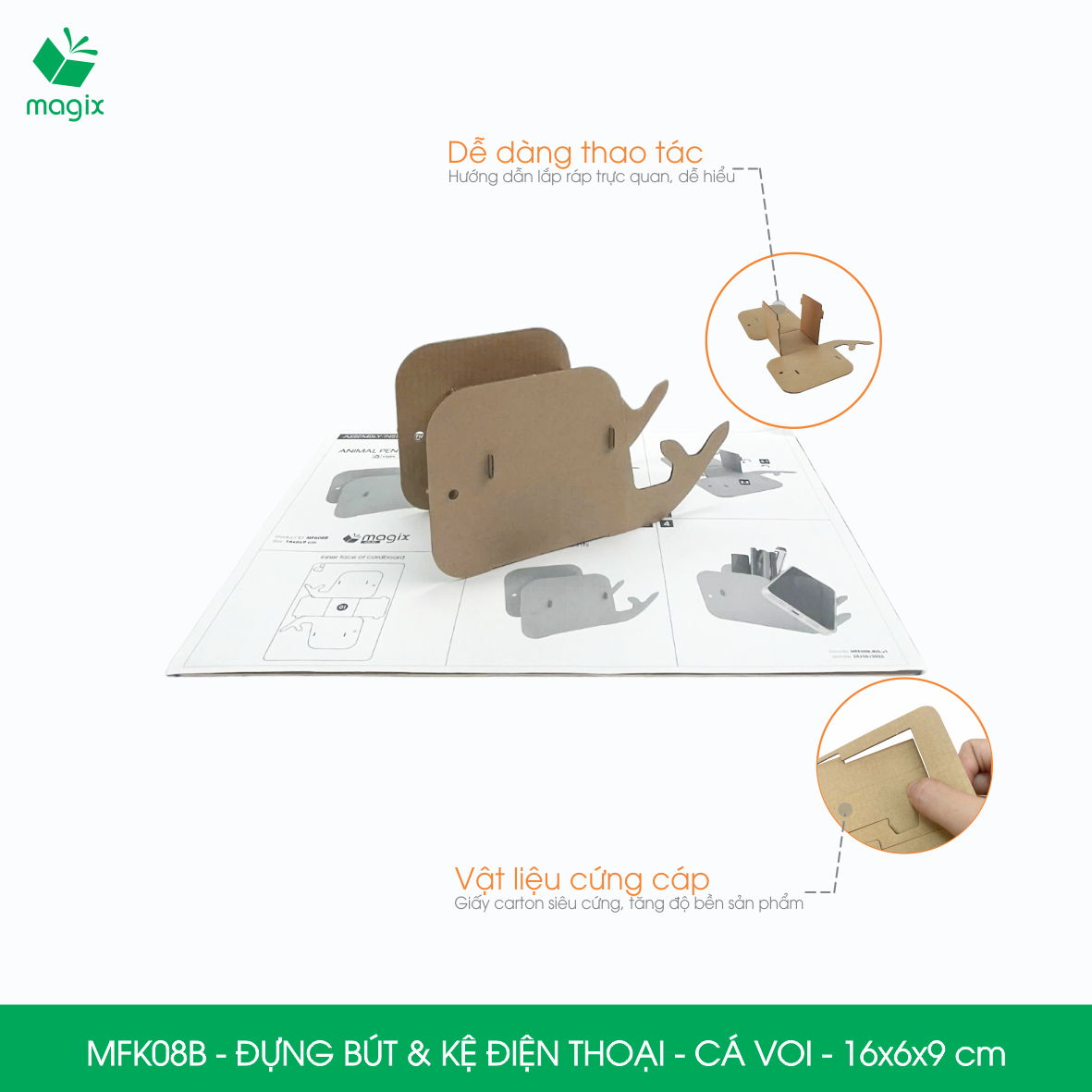 MFK08B - Đựng bút &amp; kệ điện thoại bằng giấy carton - Hộp bút kiểu dáng Cá voi - 16x6x9 cm