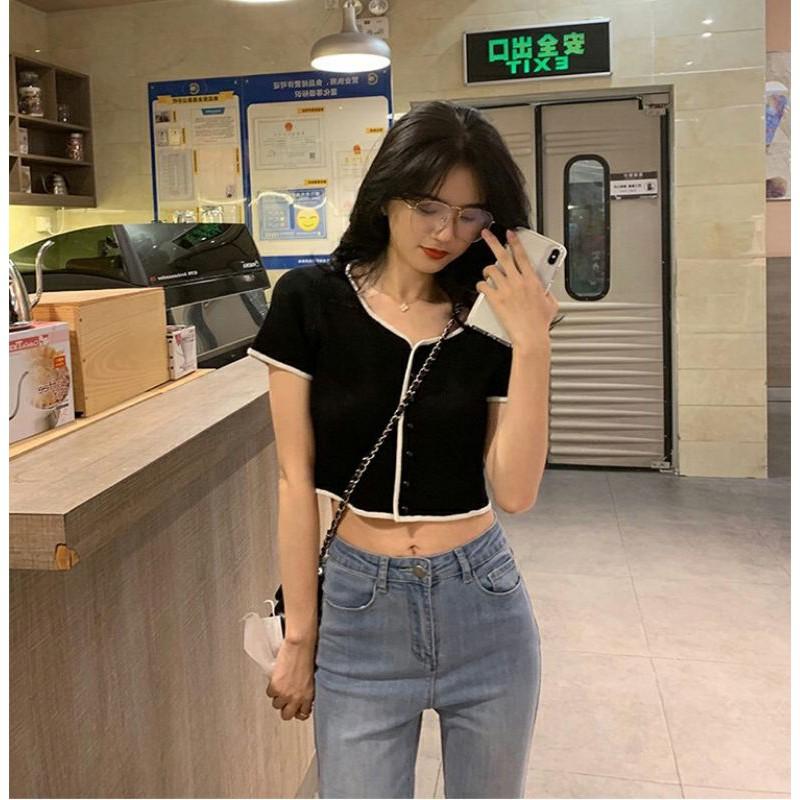 Áo croptop nút phối viền thun gân 2 màu đen trắng cực xinh