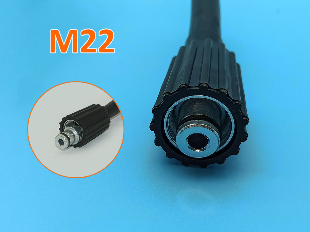 Dây rửa xe áp lực 16MPa 10m, lõi nhựa bọc dù, một đầu ren trong to M22, một đầu ren trong nhỏ M14