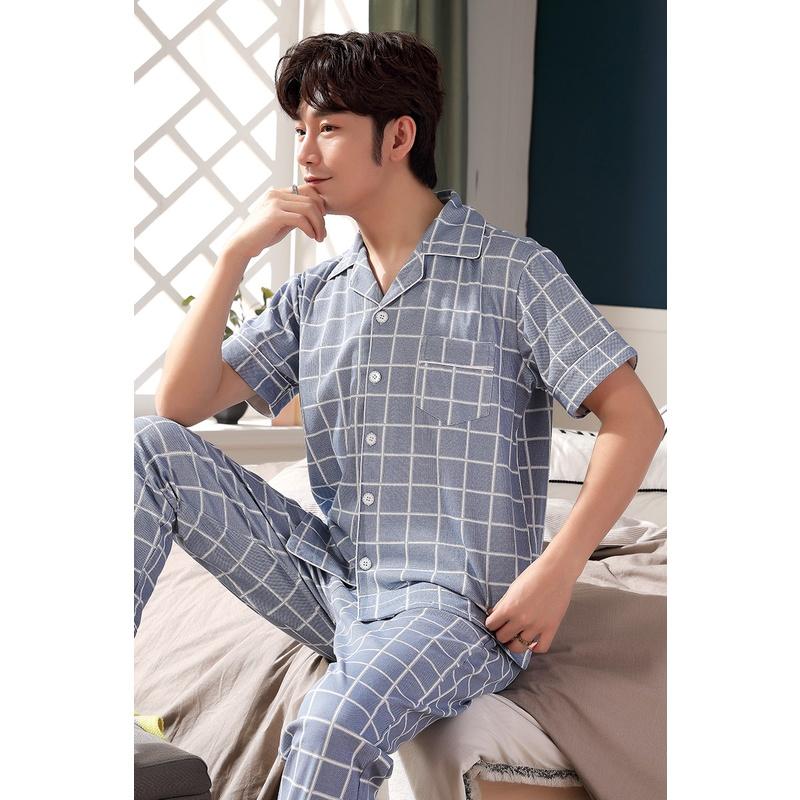 M2017-Bộ Pijama nam cộc tay cotton 100% thoáng mát mềm mại, kiểu dáng cơ bản, kẻ caro trẻ trung, size L-3XL