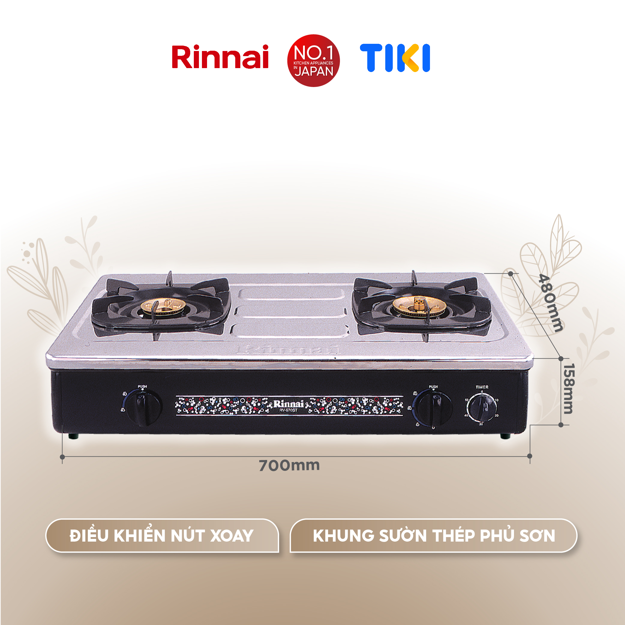 Bếp gas dương Rinnai RV-970(GL) mặt bếp kính và kiềng bếp men - Hàng chính hãng