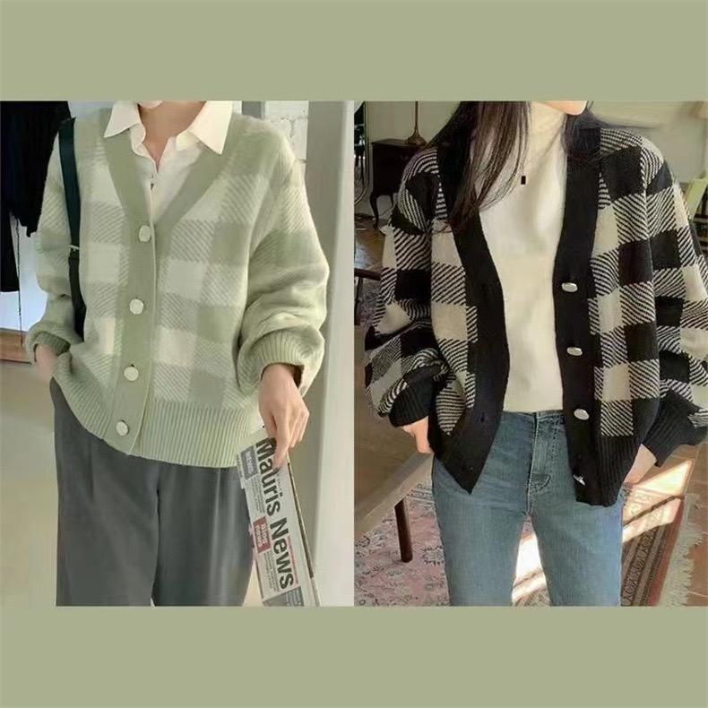 MS779 Áo khoác len cardigan kẻ caro cúc ngọc Hàn Quốc vintage