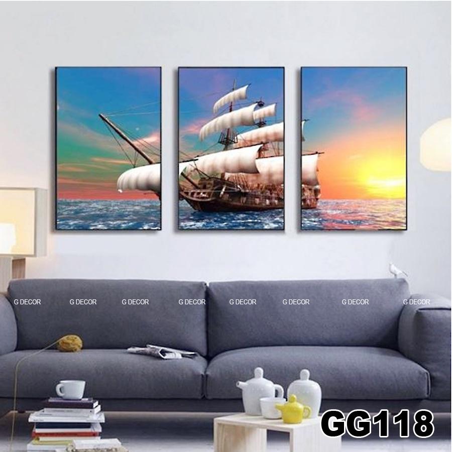 Tranh treo tường canvas 3 bức phong cách hiện đại Bắc Âu 170, tranh thuận buồm xuôi gió trang trí phòng khách, phòng ngủ