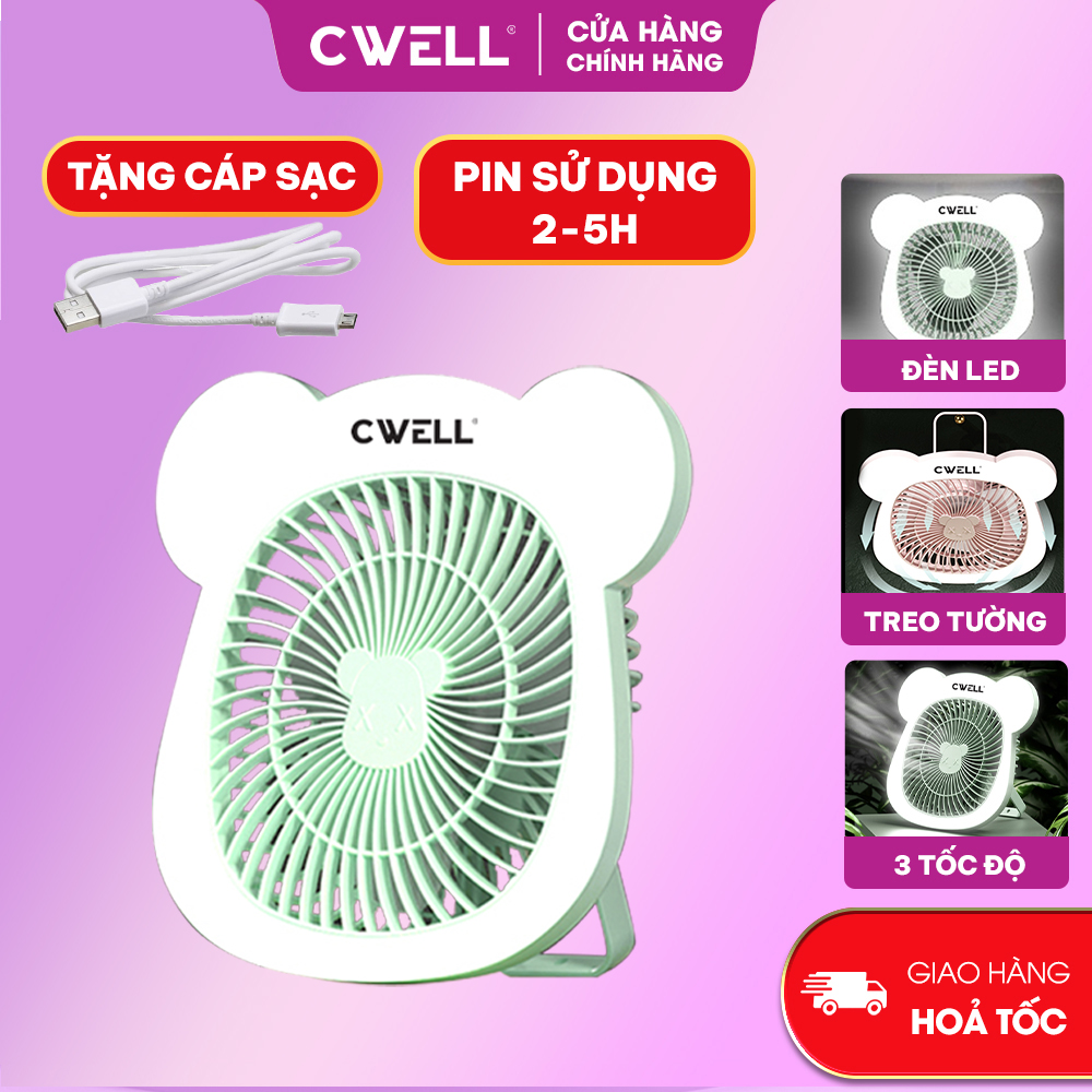 Quạt mini để bàn, quạt tích điện 3 tốc độ Cwell kèm dải 25 đèn Led, có móc treo - Tặng cáp sạc USB