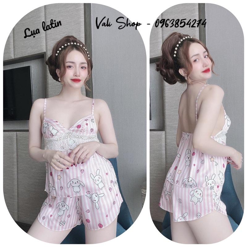 Đồ ngủ lụa latin 2 dây phối ren sexy hoạ tiết freesize 42-57kg