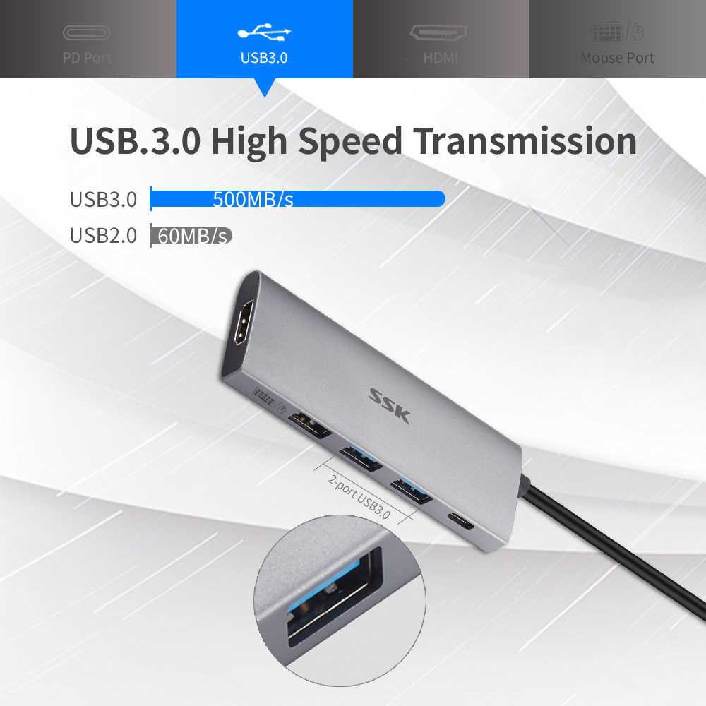 Bộ hub chuyển đa năng SSK SC102 từ TypeC ra USB/HDMI/typeC sạc PD (bạc) HÀNG CHÍNH HÃNG
