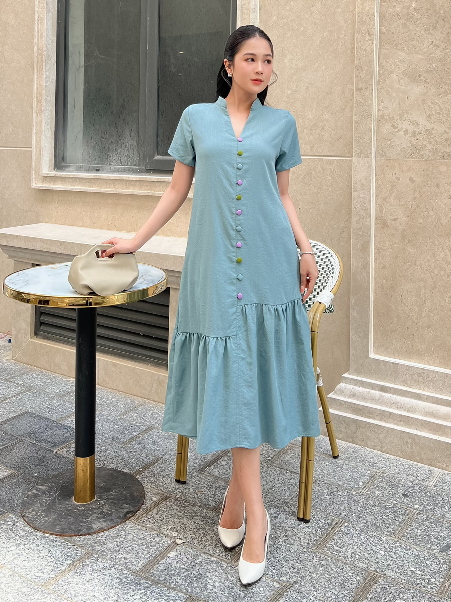 [HCM] Đầm Linnen thun cổ trụ phối nút duyên dáng cho nữ AD088 - KHANH LINH STYLE