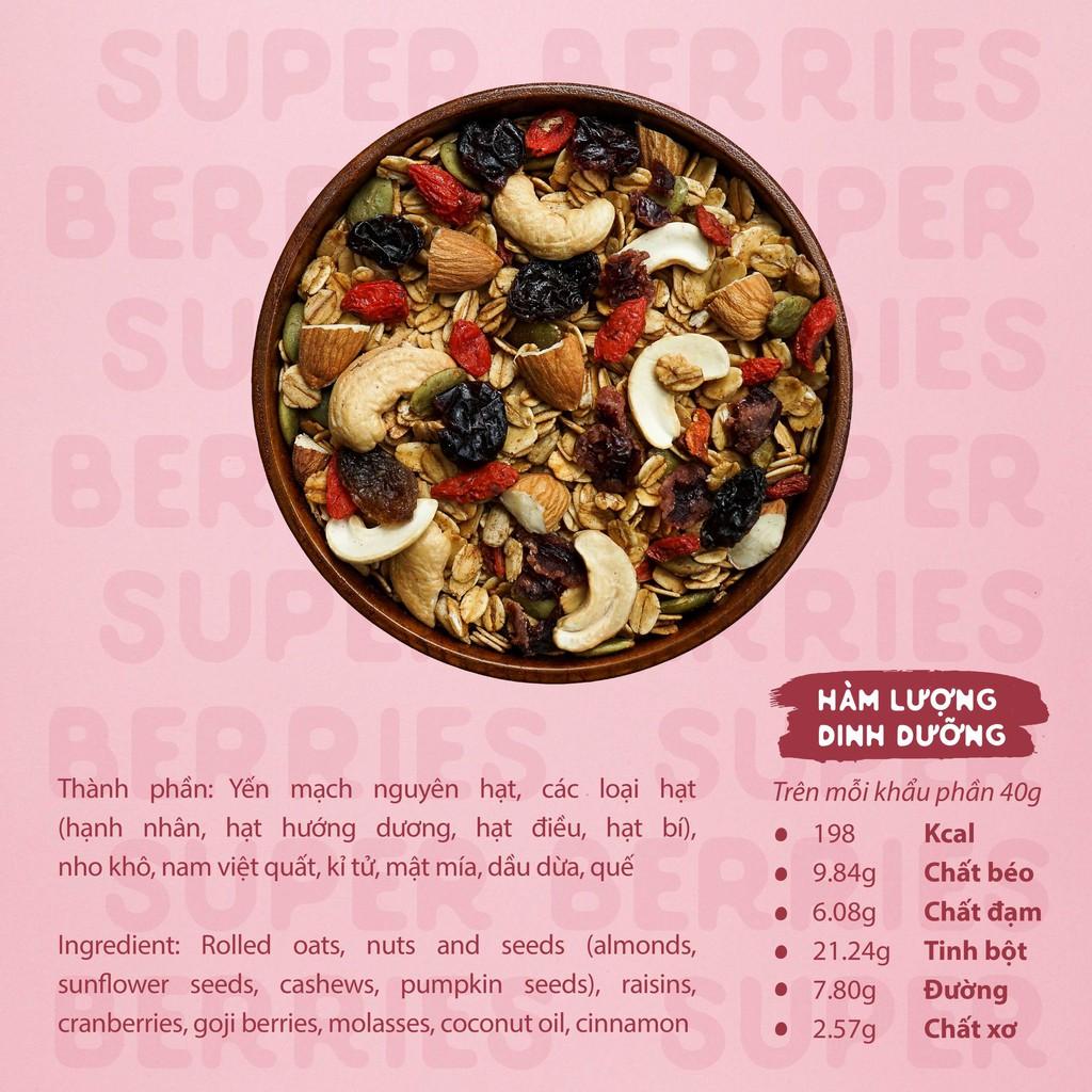 Granola Super Berries HAPPI OHA - Ngũ Cốc Ăn Sáng/Ngũ Cốc Ăn Kiêng Không Đường Tinh Luyện Vị 8 Loại Hạt Trái 280g