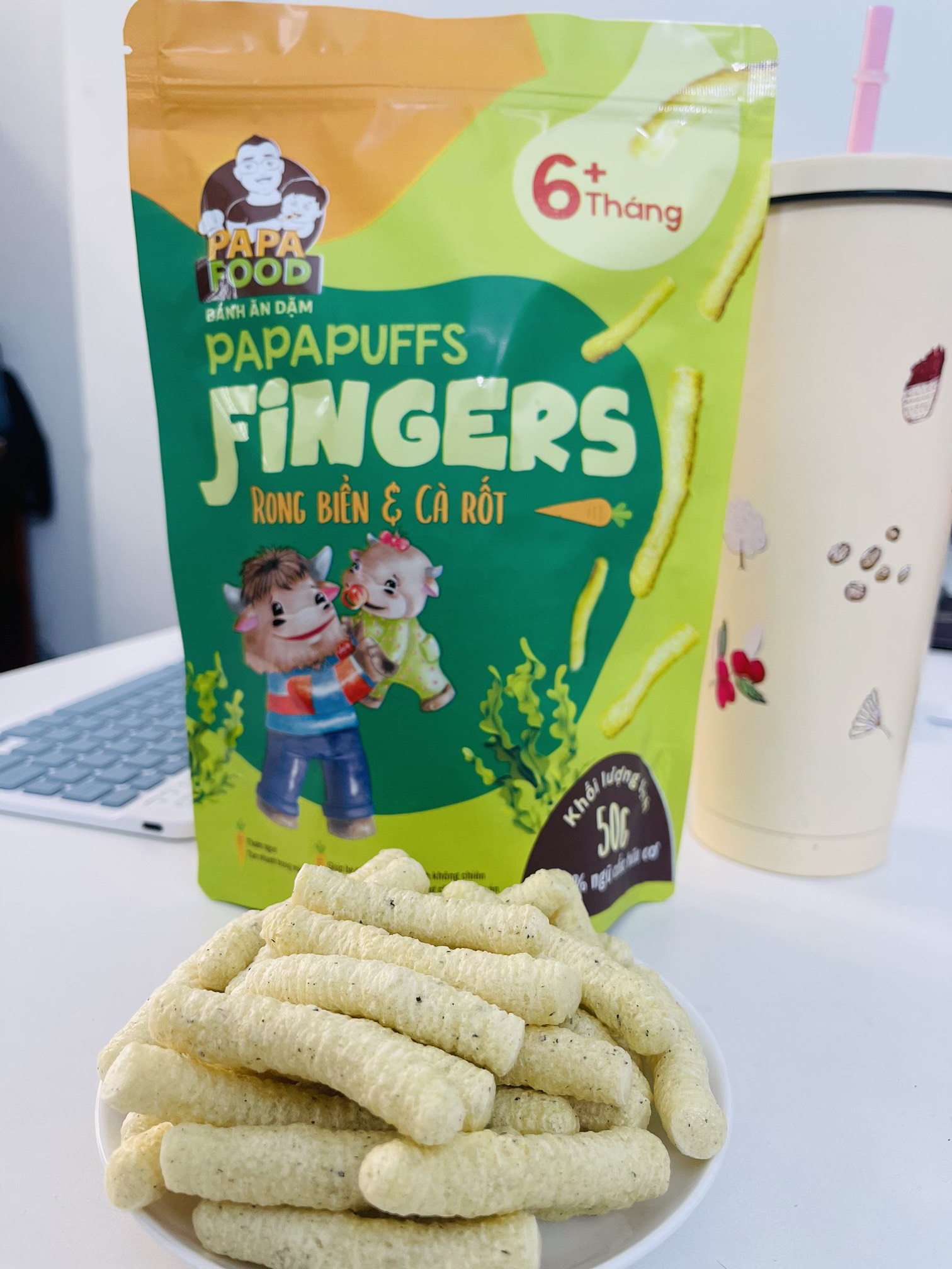 Bánh ăn dặm PAPAPUFFS FINGERS - Vị RONG BIỂN&amp;CÀ RỐT - 100% Ngũ Cốc Hữu Cơ - Gói 50g