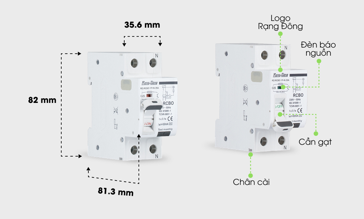 Aptomat chống giật Rạng Đông Model: RD.RCBO 1P+N 25A tích hợp 3 tính năng trong 1- Hàng Chính Hãng
