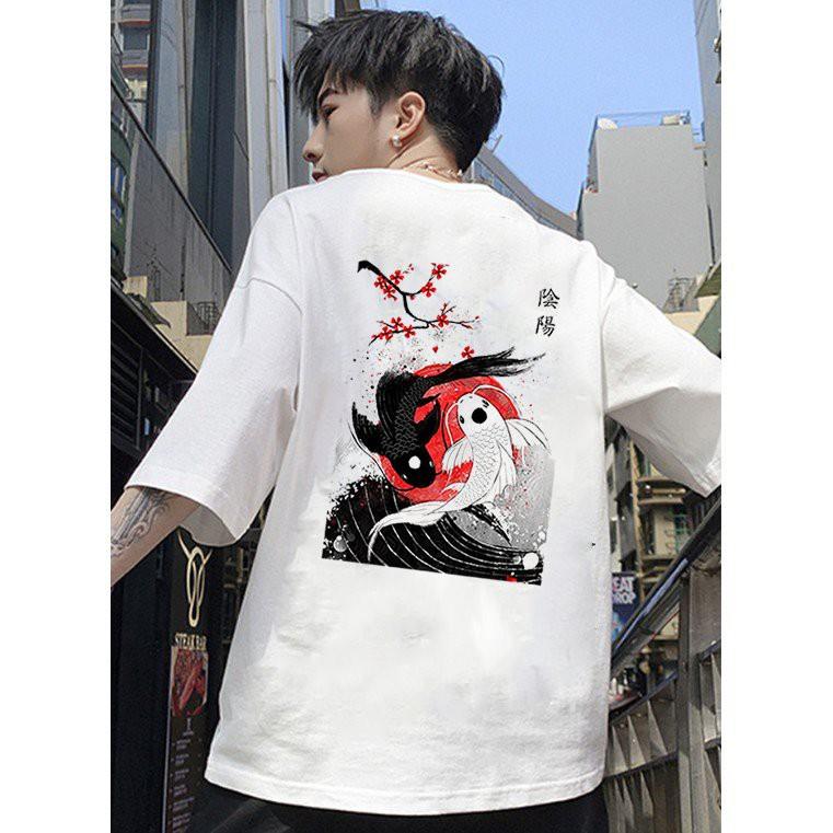Áo thun unisex form rộng họa tiết cá chép phong cách Nhật Bản vải dày mịn 2020T2472