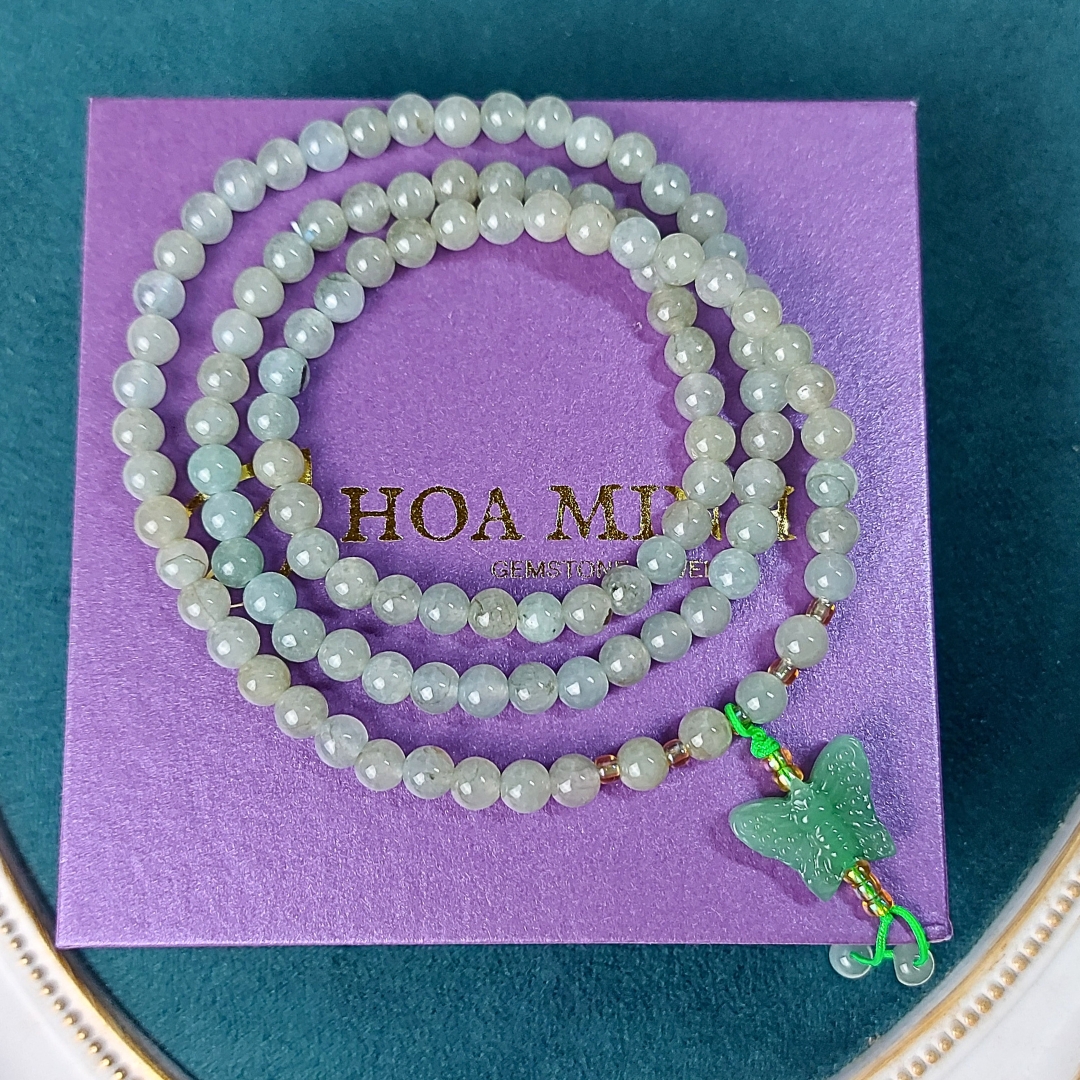 Vòng tay chuỗi 108 hạt Ngọc Cẩm Thạch Lam Dầu A size 5.3 li phối charm đá thạch anh aventurine mỹ miều tuyệt đẹp
