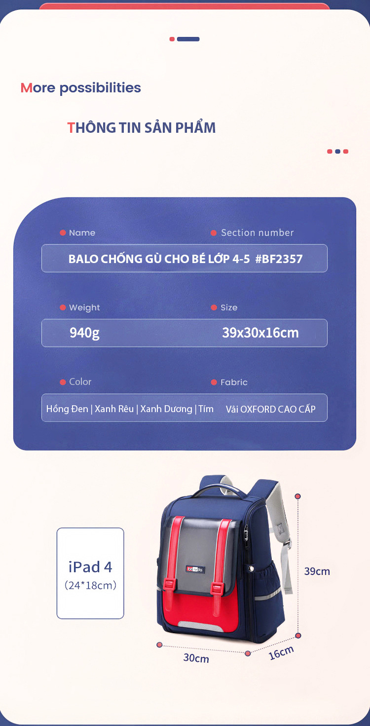 Balo chống gù cho bé đi học cặp sách form hộp cao cấp an toàn BF2357