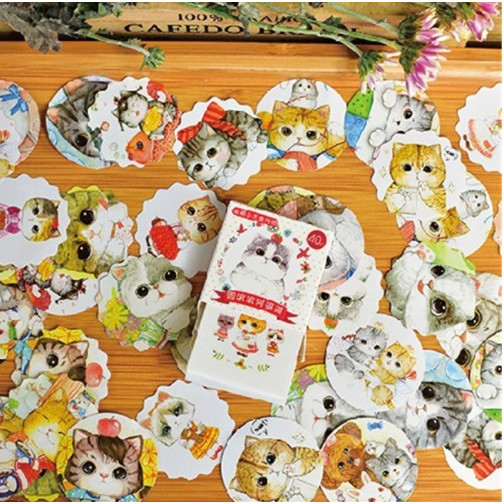 Hộp 40 Miếng Dán Sticker Trang Trí Hình Mèo May Mắn