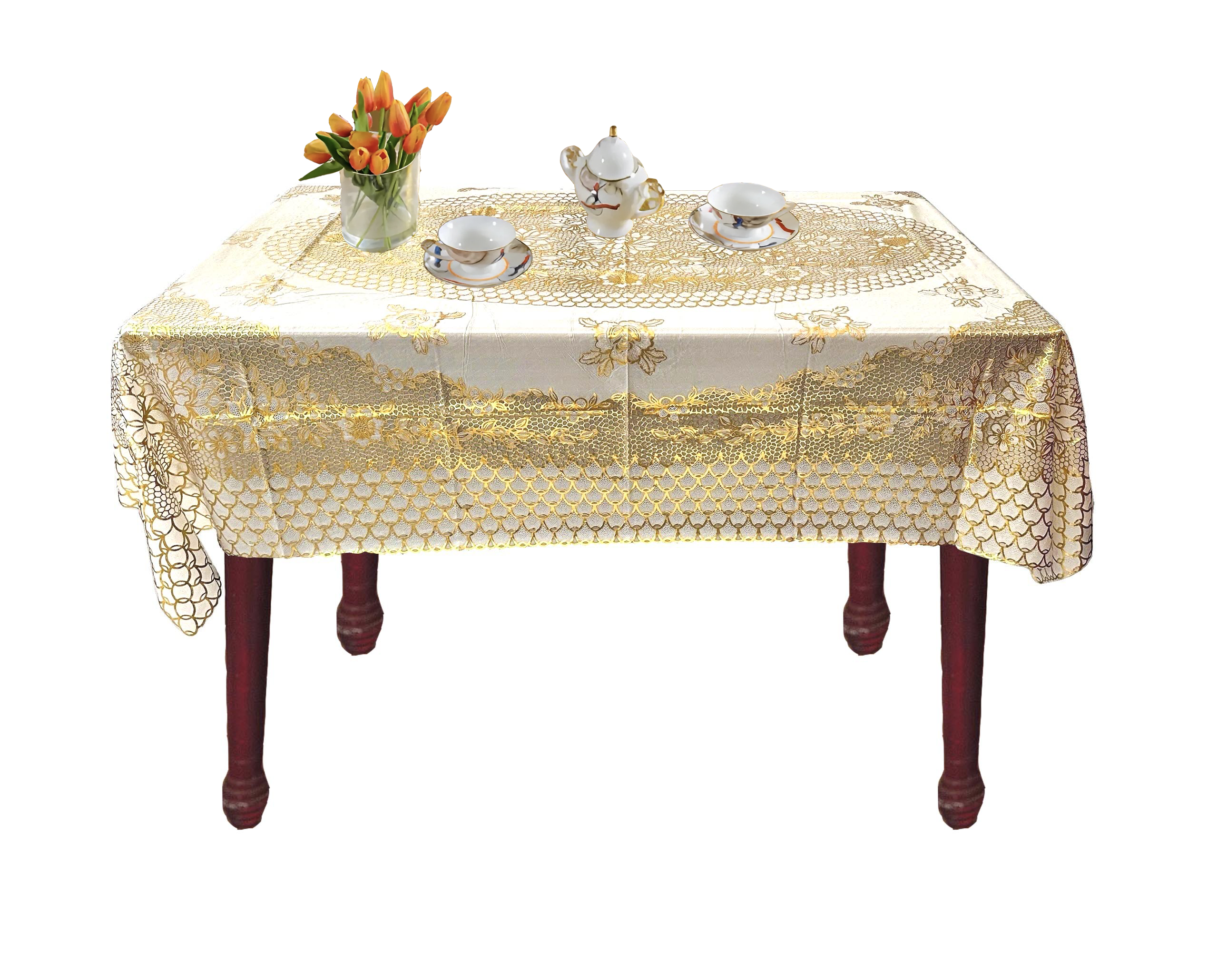 [Tặng 1 lót phần ăn] Khăn Trải Bàn WLG.751 (137x180 cm),  hoa văn phủ nhũ vàng, nhựa PVC dẻo, không thấm nước, dễ vệ sinh