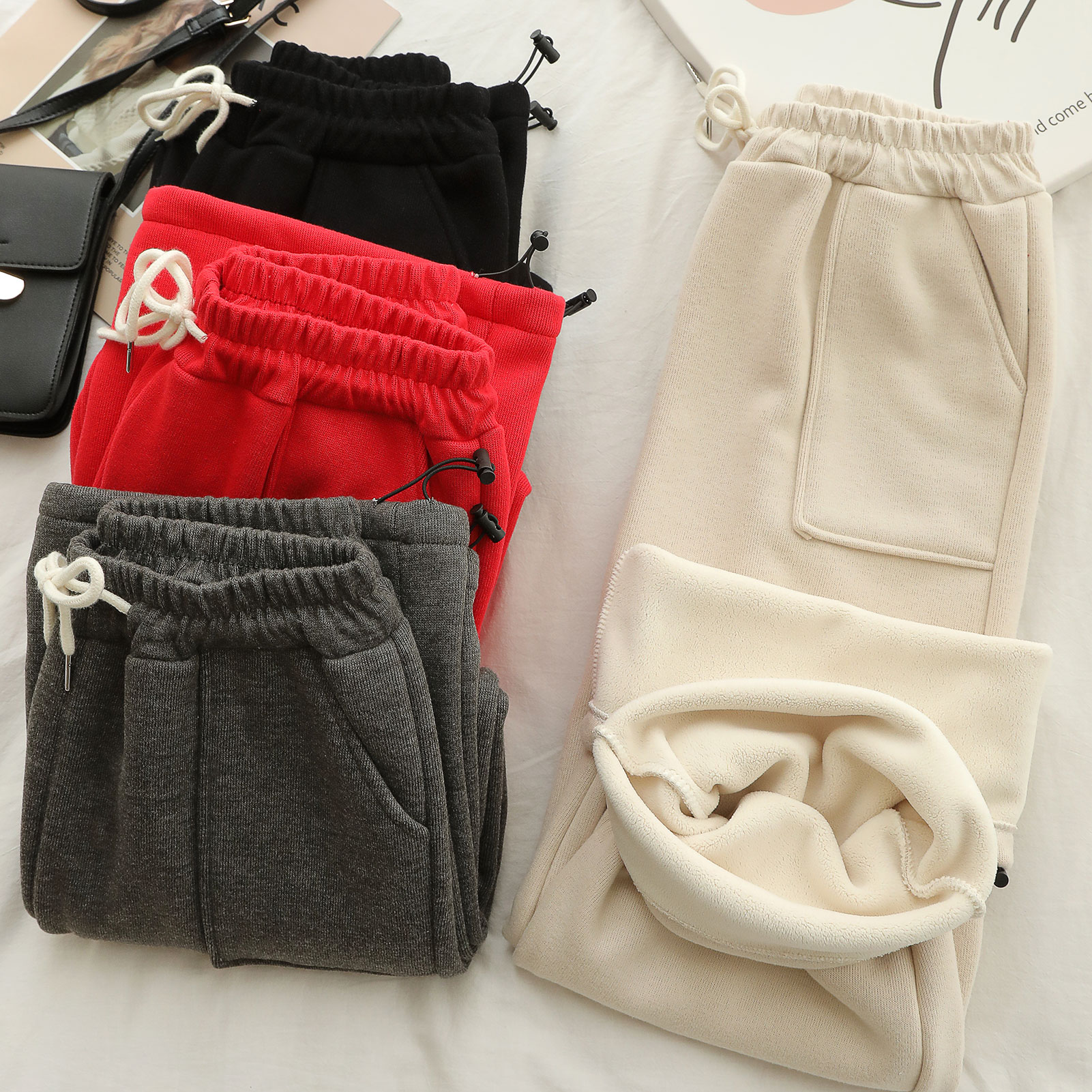 Women Winter Warm Pants Knitted Fleece Inside High Waist Drawstring Pockets Elastic Hem Harem Pants Loose Fit Casual