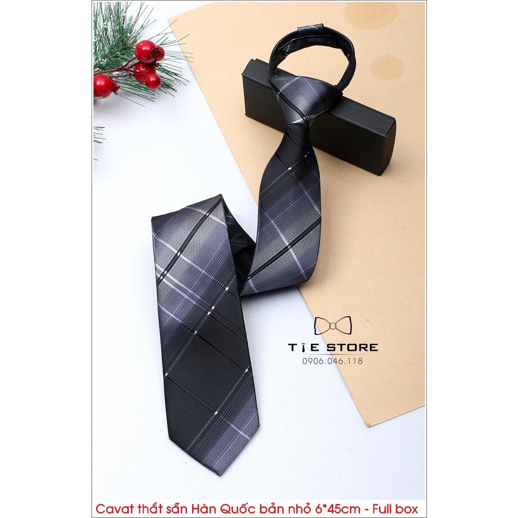 Cà vạt thắt sẵn Hàn Quốc bản nhỏ 6* 45cm màu xám kẻ - Tặng kèm hộp