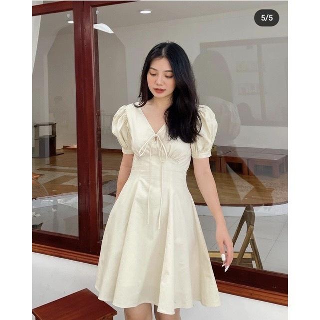 Váy Đũi Cổ V Khóa Lưng Ulzzang Hàn Quốc, Đầm Nữ Tiểu Thư Cực Xinh