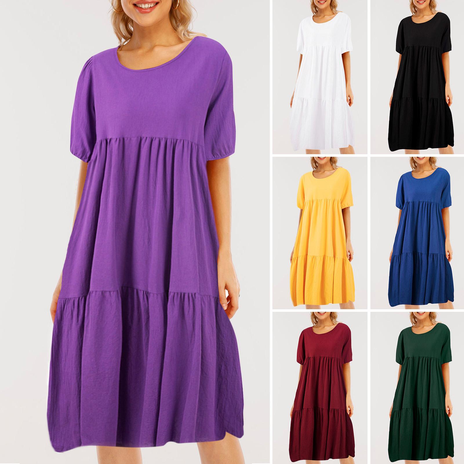 Fashion Women Solid Color Dress O Neck Short Sleeve Plus Size Loose Casual Summer Beach Sundress