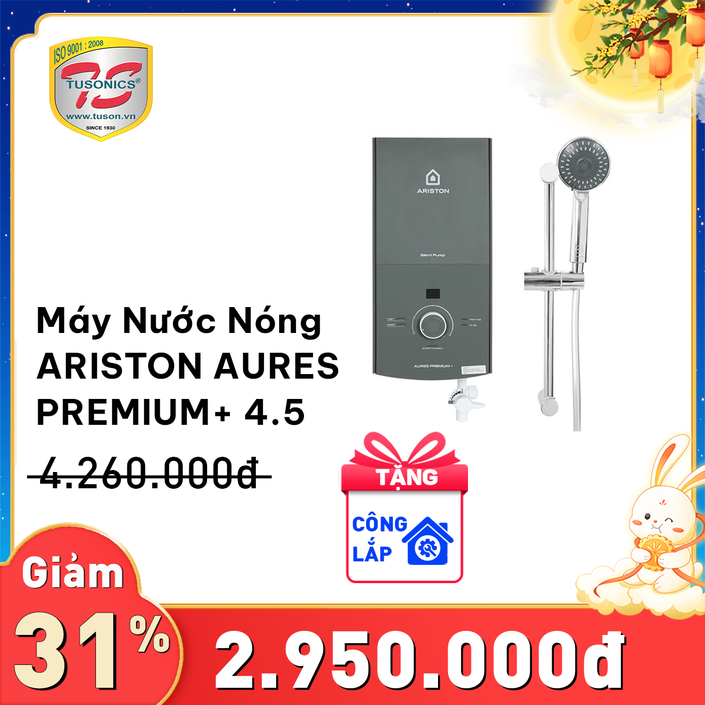 Máy nước nóng ARISTON AURES PREMIUM+ 4.5 - Hàng chính hãng