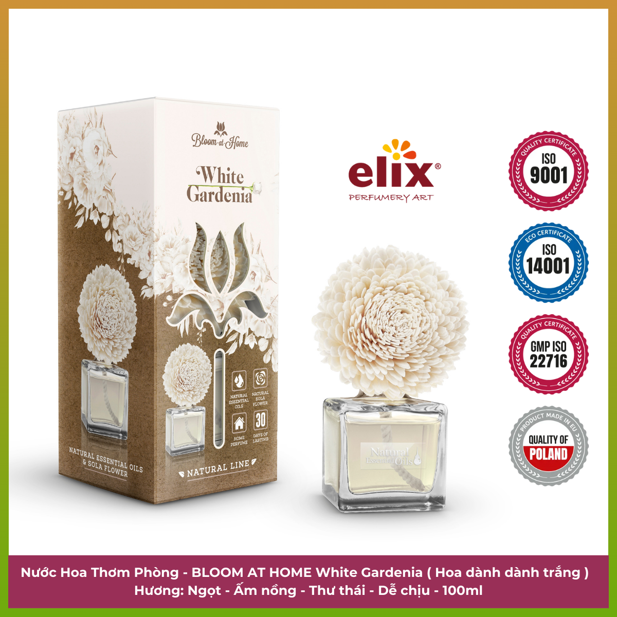 Nước hoa thơm phòng WHITE GARDENIA ELIX - Hương hoa dành dành - 100ml nhập khẩu từ Ba Lan - Thành phần tự nhiên, an toàn cho sức khỏe