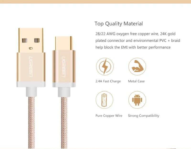 Ugreen UG20862US174TK 2M màu Vàng Dây USB 2.0 sang Type-C đầu nhôm dây bọc vinyl - HÀNG CHÍNH HÃNG