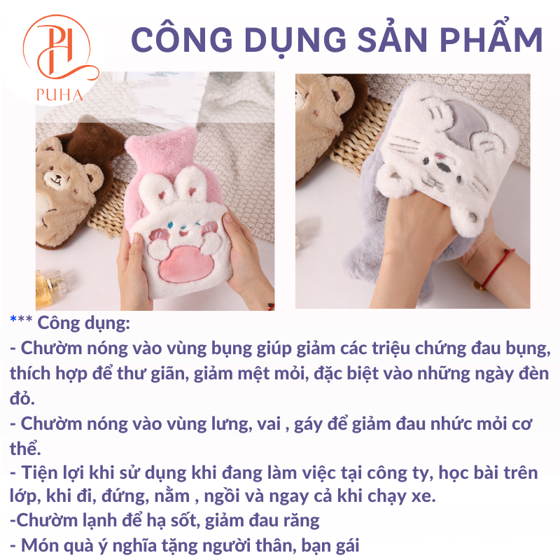 Túi chườm nóng lạnh đa năng PUHA 500ml, túi chườm bụng kinh giảm đau cho nữ, món quà ý nghĩa tặng bạn gái