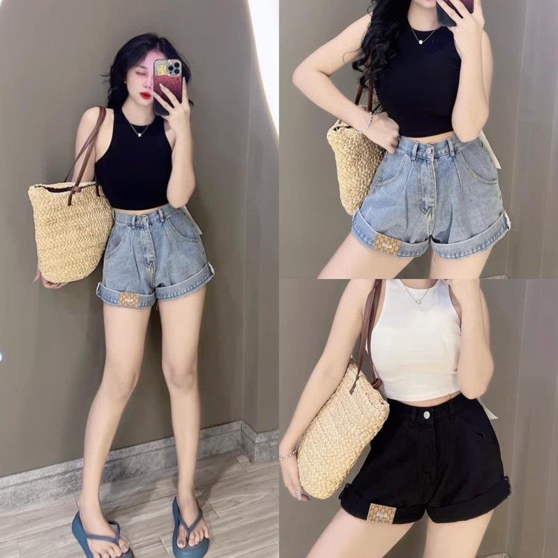 [L2M] Quần short JEANS LẬT LAI gắn NHÃN lưng cao chất liệu co giãn siêu tôn dáng phong cách cá tính