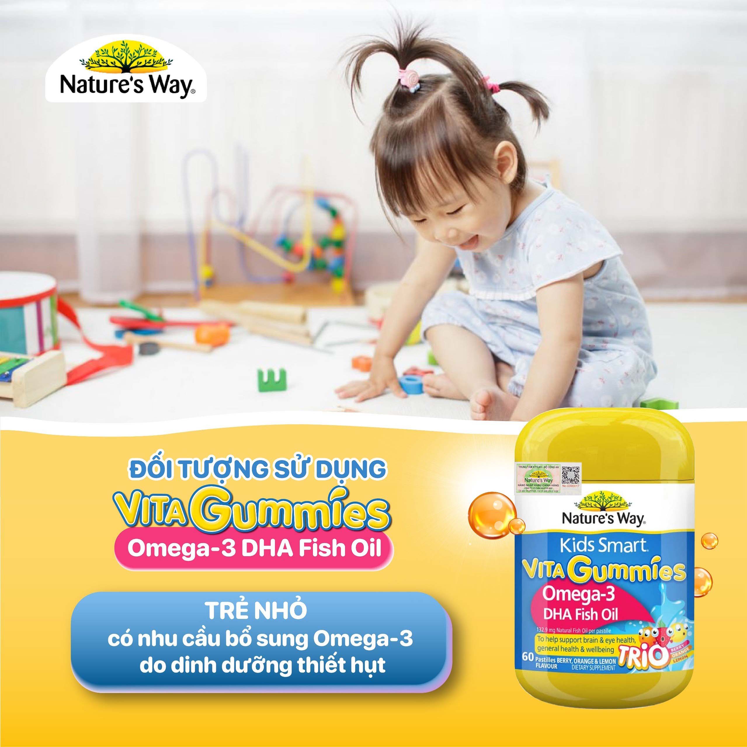 Kẹo Dẻo Cho Bé Nature's Way Kids Smart Vita Gummies Omega-3 DHA Fish Oil Tăng Cường Trí Thông Minh Cho Bé Hộp 60v