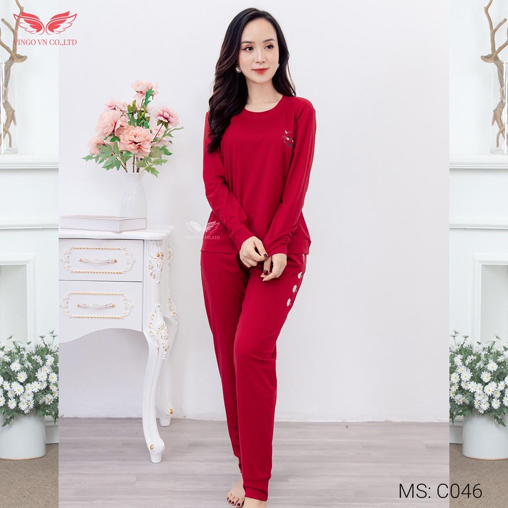 Bộ Đồ Ngủ Nữ Cotton Mặc Nhà VINGO Mùa ĐôngTay Dài Quần Dài Cổ Tròn Dáng Suông Hình Mèo Cao Cấp Nhiều Màu C046 VNGO