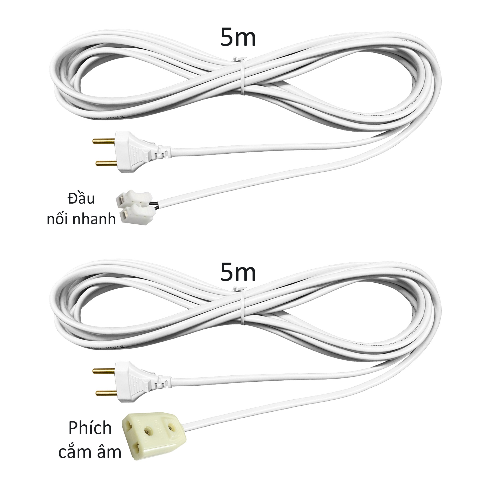 Dây cắm điện nối dài 5m liền phích cắm và đầu ổ cắm dẹt hoặc đầu nối nhanh đấu nối sẵn W5m-P-x