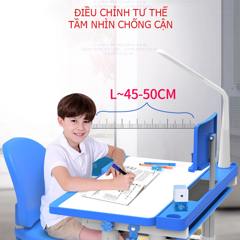 Combo Bàn ghế chống gù chống cận và đèn không dây 3 chế độ - Bàn ghế chỉnh độ cao - mặt bàn phủ chống lóa - nghiêng 45-60 độ để viết vẽ