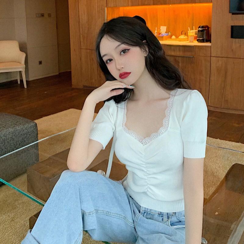 Áo Thun Dệt Kim Tay Phồng Phối Ren Xinh Xắn Cho Nữ