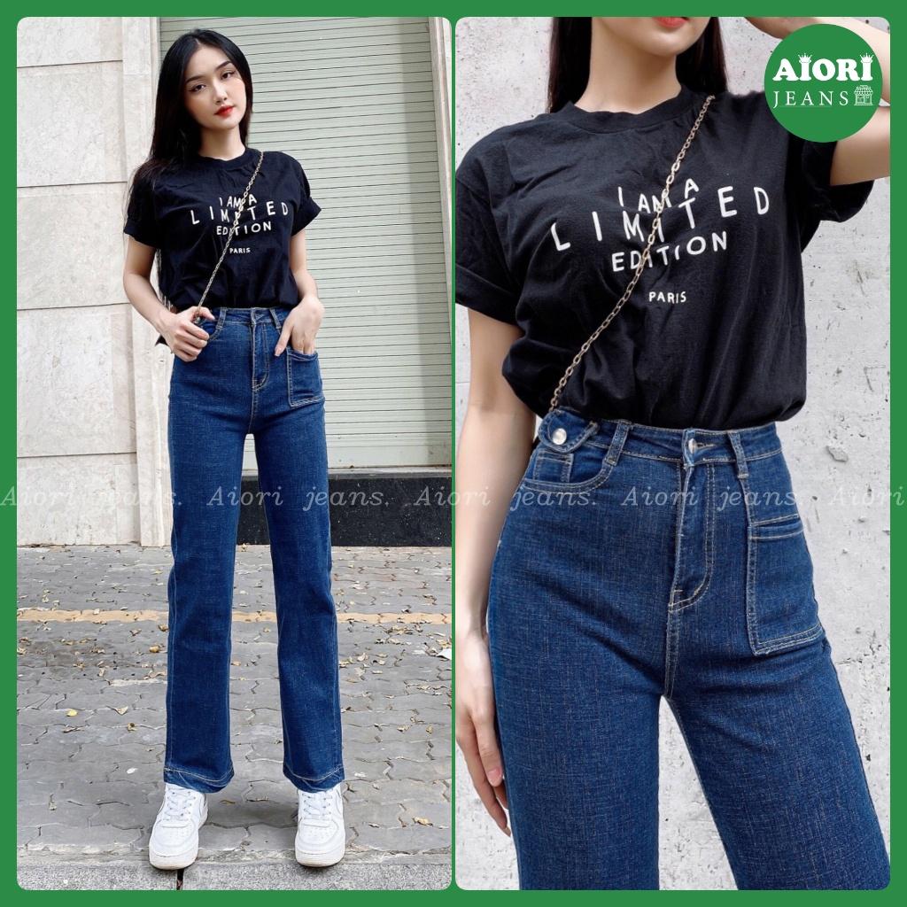 Quần Jeans Nữ AIORI Ống Suông Đứng Nắp Túi Dáng dài chất bò jean cao cấp co giãn mềm mịn thời trang 4 mùa Mã E002 - Xanh Đậm, Xanh Đậm