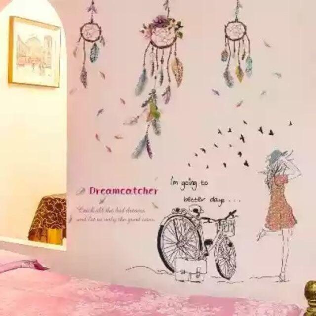 Decal dán tường combo 2 tranh lưới giấc mơ + cô gái và xe đạp