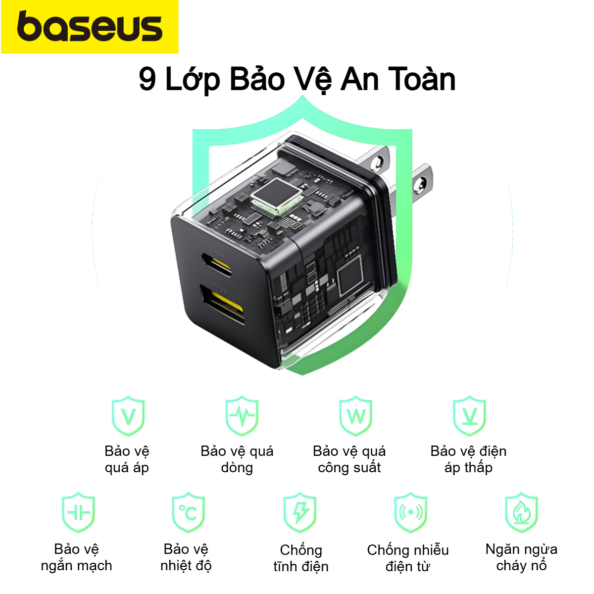 Bộ sạc nhanh nhỏ gọn 2 cổng Baseus Palm U + C 20W (Kèm cáp C to C 60w dài 1M) - Hàng chính hãng