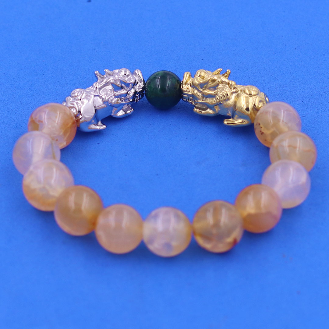 Vòng chuỗi đeo tay mã não vân rạn cam trắng 12 ly charm tỳ hưu đôi inox trắng và vàng, vòng chuỗi phong thủy, charm tỳ hưu, vòng tay hạt chuỗi