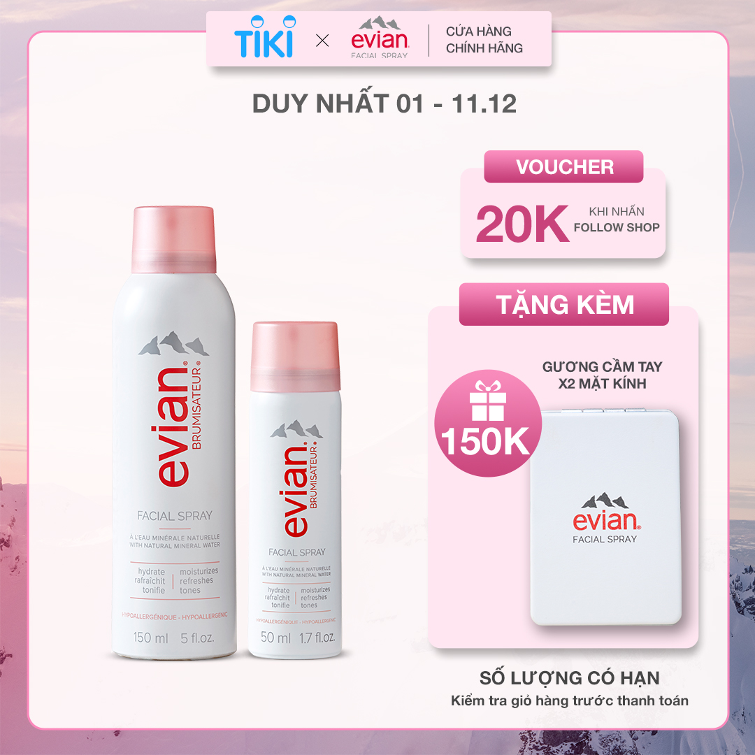 Combo 2 xịt khoáng cấp ẩm và làm dịu da Evian 150ml + 50ml